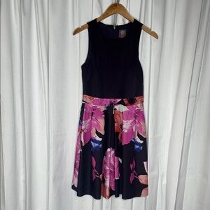 Vince Camuto Navy and Pink Floral Midi Dress